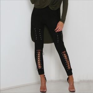 Gorgeous BLACK lace-up cut-out suede leggings